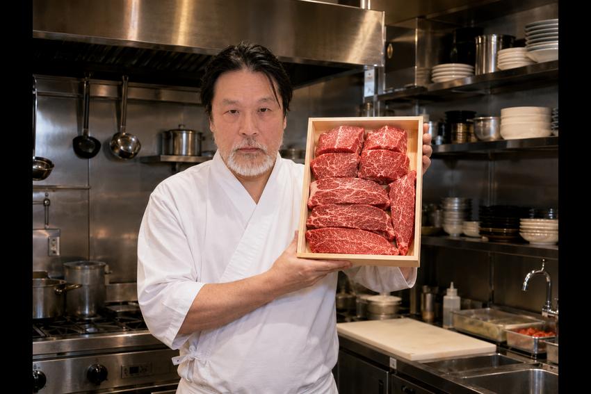 The Japanese owner with a box of wagyu he selected himself