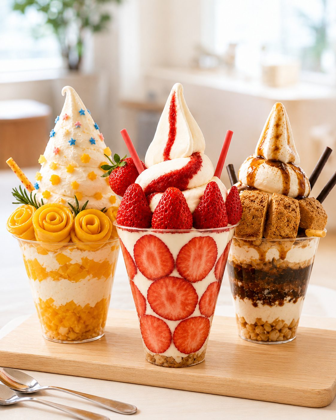 Birthday parfaits: mango, strawberry, kuromitsu